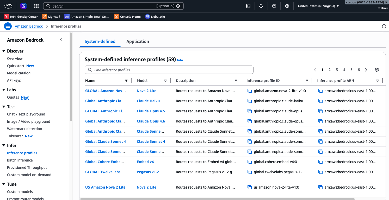 Amazon Bedrock — 59 inference profiles including Claude Opus 4.5/4.6, Nova, Cohere, and Pegasus models