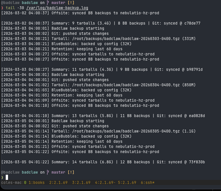 Backup log — daily 4AM runs with git sync, tarballs, BlueBubbles config, 60-day retention, and offsite rsync