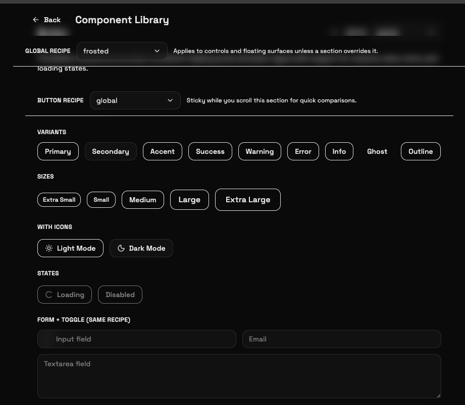 Component library — button variants (Primary, Accent, Ghost, Outline), sizes, icon modes, form inputs with frosted recipe