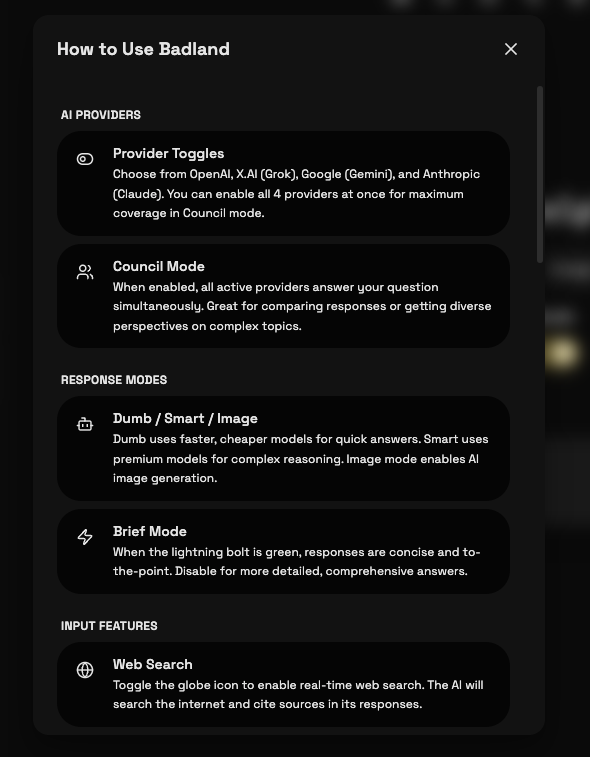 How to Use Badland — provider toggles, council mode, dumb/smart/image modes, brief mode, web search
