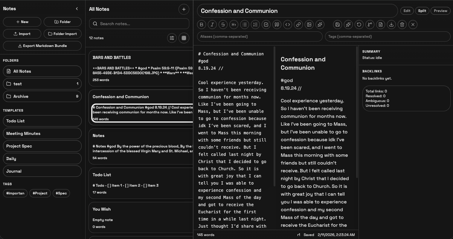 Notes app — folder sidebar, note list, split editor with markdown and preview, backlinks panel