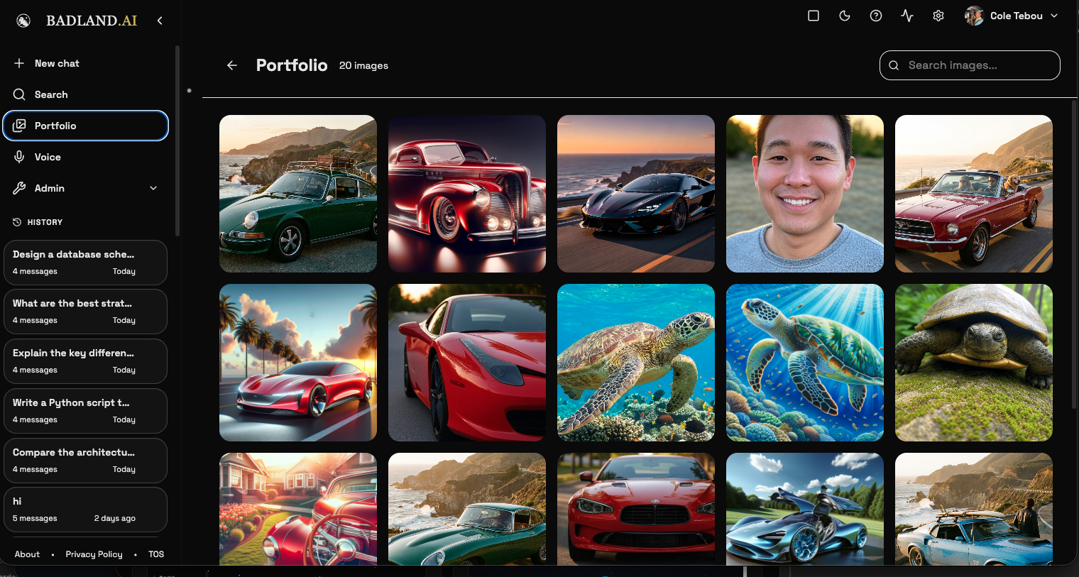Image portfolio gallery — grid of AI-generated cars, portraits, turtles, and landscapes with search