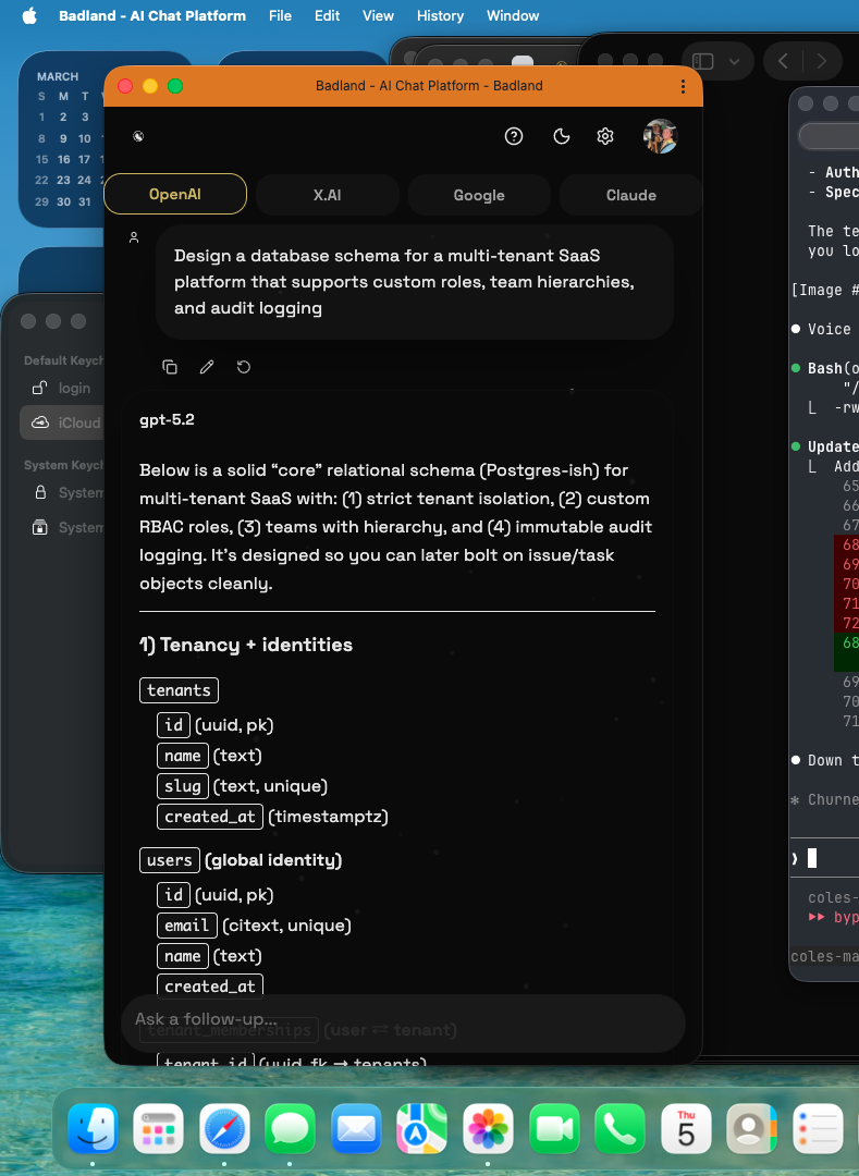 Badland installed as a desktop PWA on macOS — native app window with tab view and Claude Code alongside