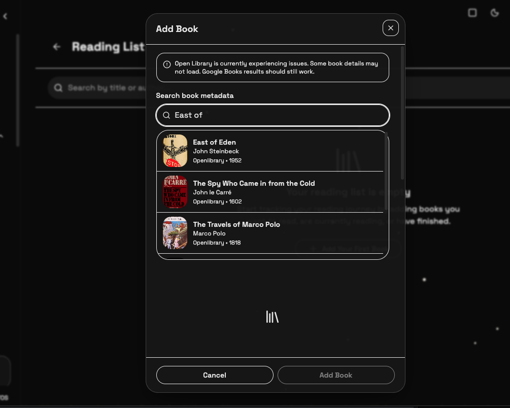 Add Book modal — searching 'East of' with results from Open Library showing East of Eden, The Spy Who Came in from the Cold, and The Travels of Marco Polo