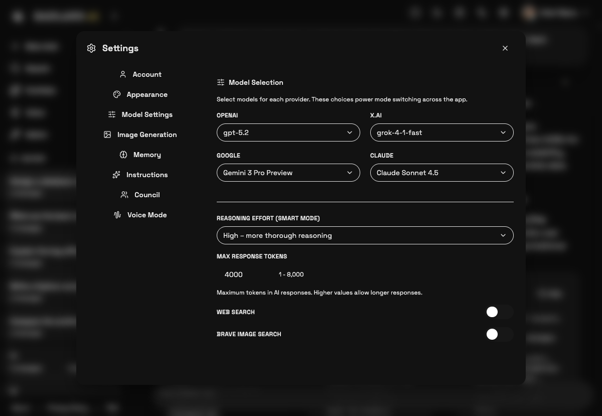Settings modal showing model selection — GPT-5.2, Grok, Gemini 3, Claude Sonnet 4.5