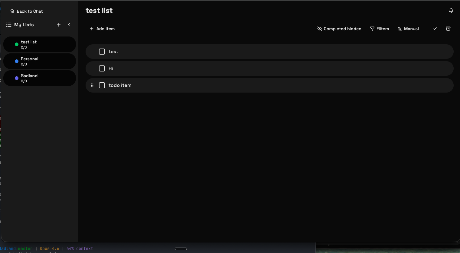 Todo lists — sidebar with Personal, Badland lists, drag-reorder items, filters and completion toggle