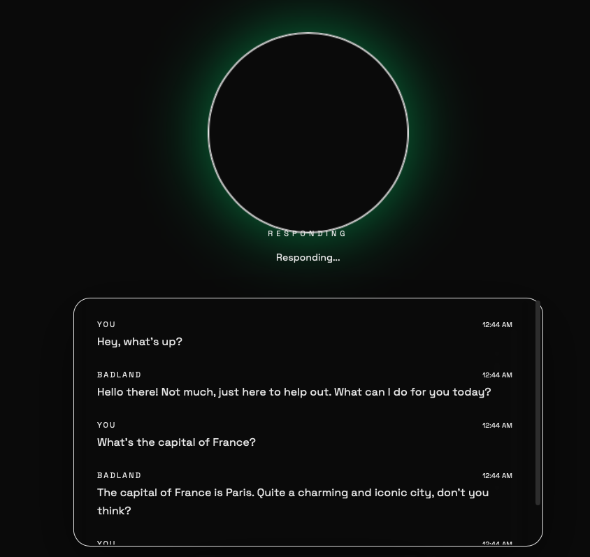 Voice mode — waveform visualizer with 'Responding...' state and conversation transcript below