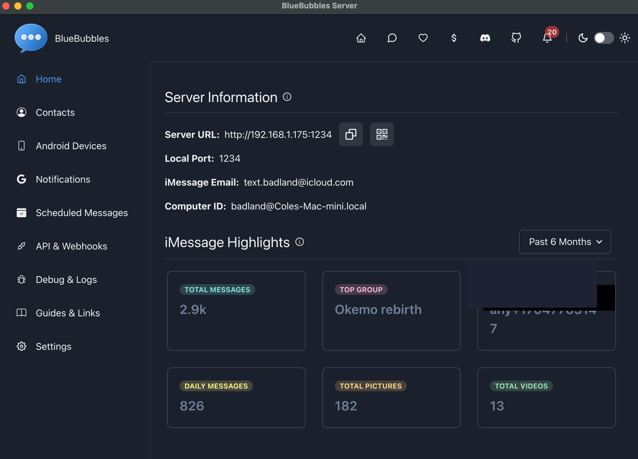 BlueBubbles server dashboard — 2.9k messages, 826 daily, text.badland@icloud.com