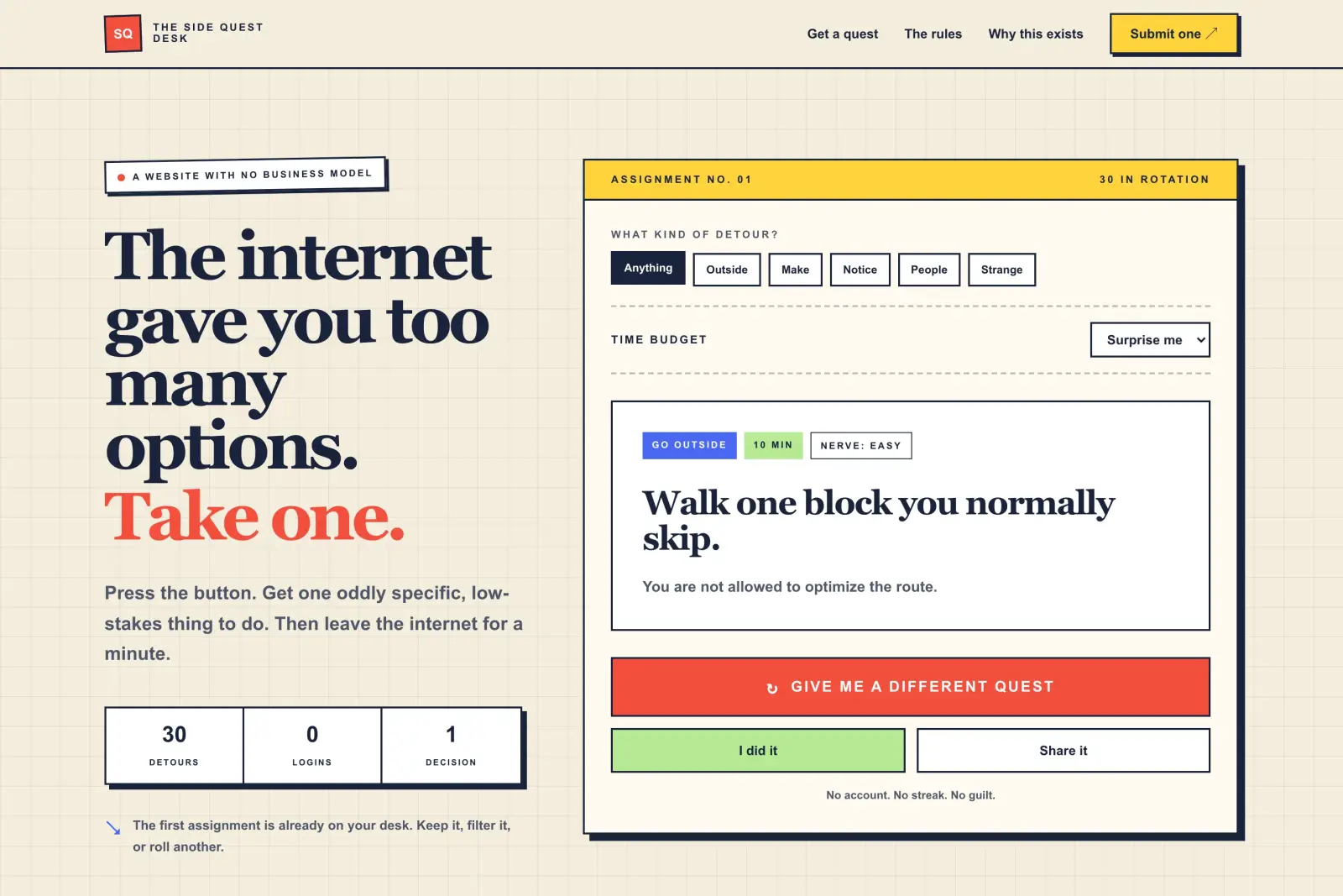 The Side Quest Desk task generator homepage