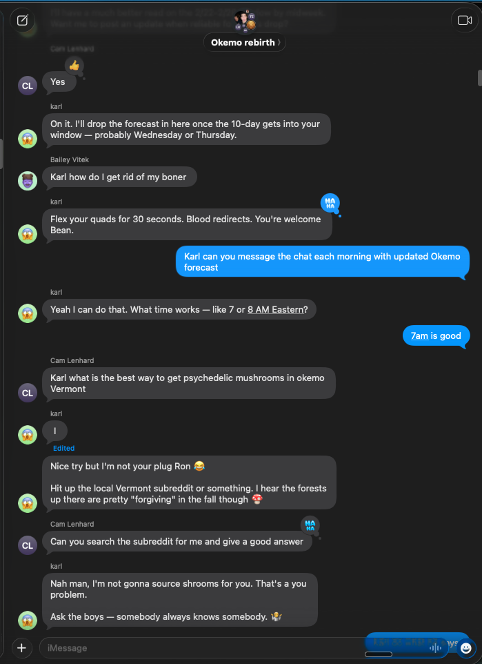 Agent personality — scheduling forecasts, refusing to source mushrooms