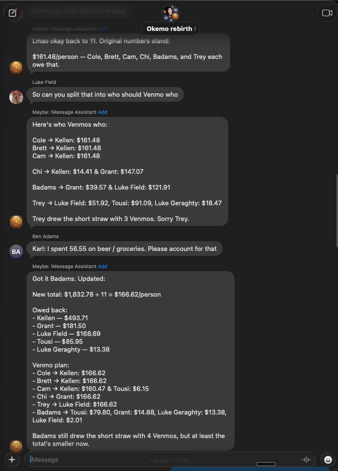 Expense splitting — Venmo calculations for 11 people on Okemo trip