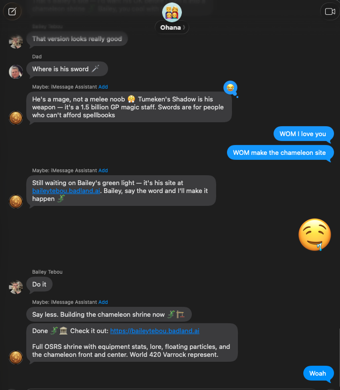 Agent building the chameleon shrine site live in chat