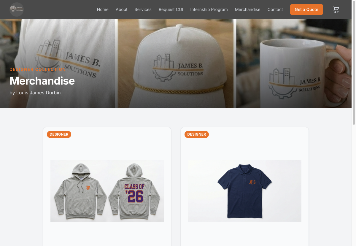 JamesBSolutions merchandise page — branded hoodie and polo products