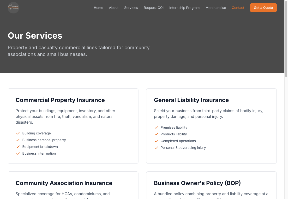 JamesBSolutions services page — Commercial Property, General Liability, and more