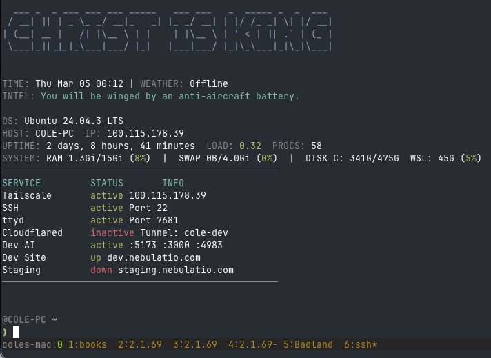 cole-pc MOTD — system stats, service status, Tailscale IP, and Starship prompt