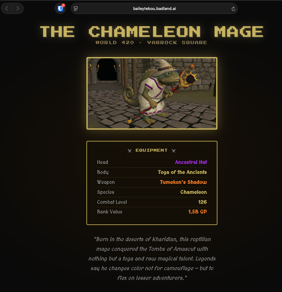 The deployed result — baileytebou.badland.ai OSRS chameleon shrine