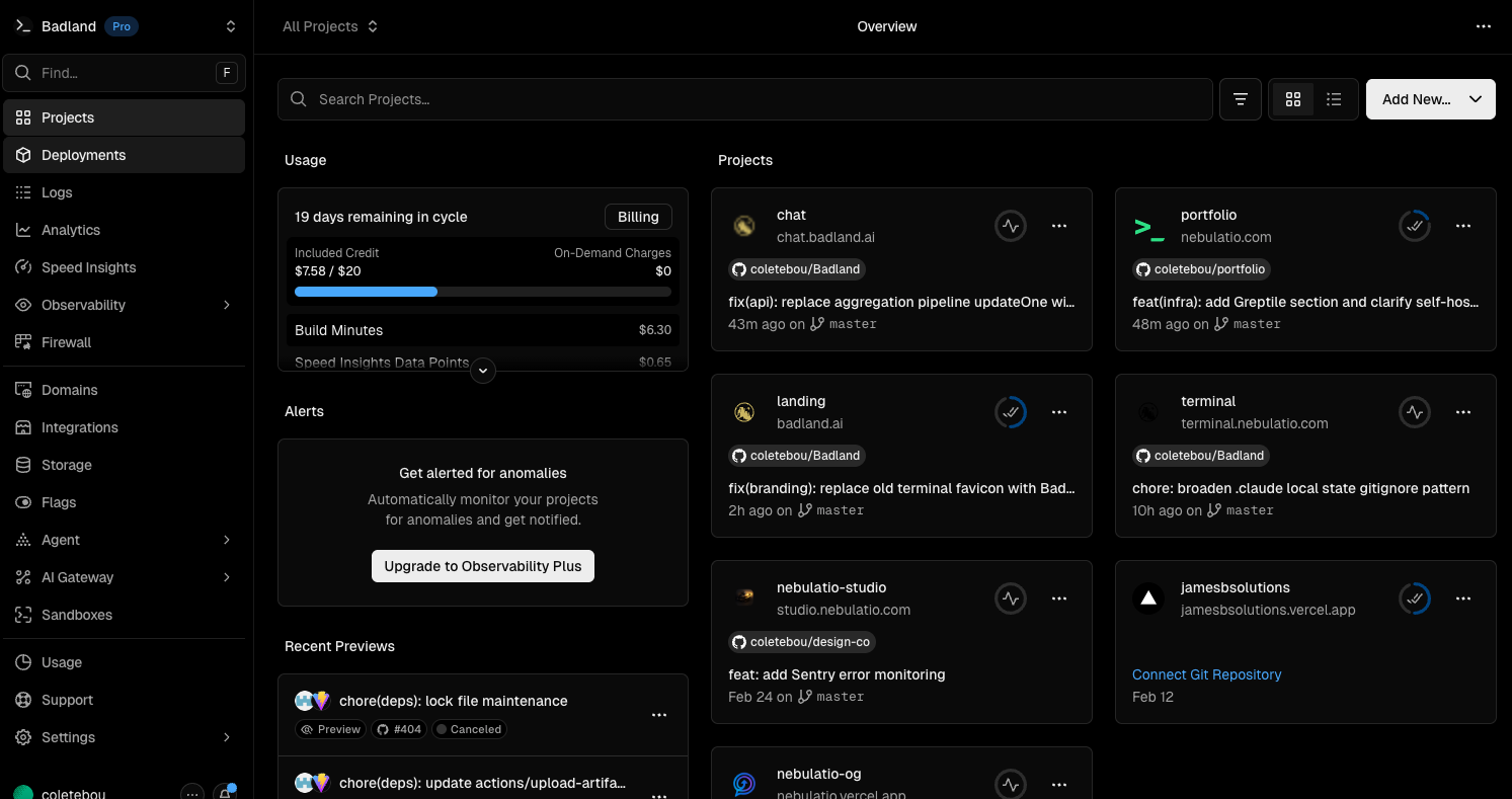 Vercel dashboard — chat, portfolio, landing, terminal, studio, and jamesbsolutions projects with recent deployments